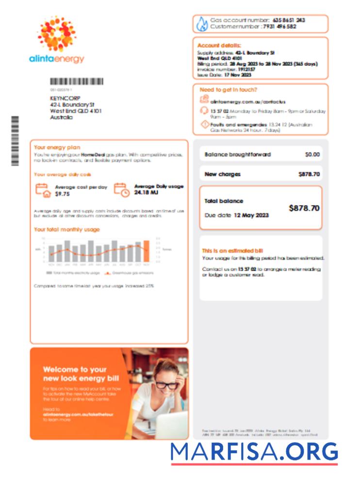 Downloadable Alinta energy gas utility business bill, page 1, SCR sample